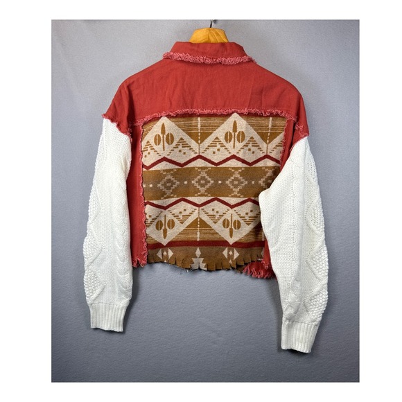 NWT Miss Me Brick‎ Red Patchwork Knit Sleeve Cropped Denim Shacket Womens Size M - Picture 11 of 14